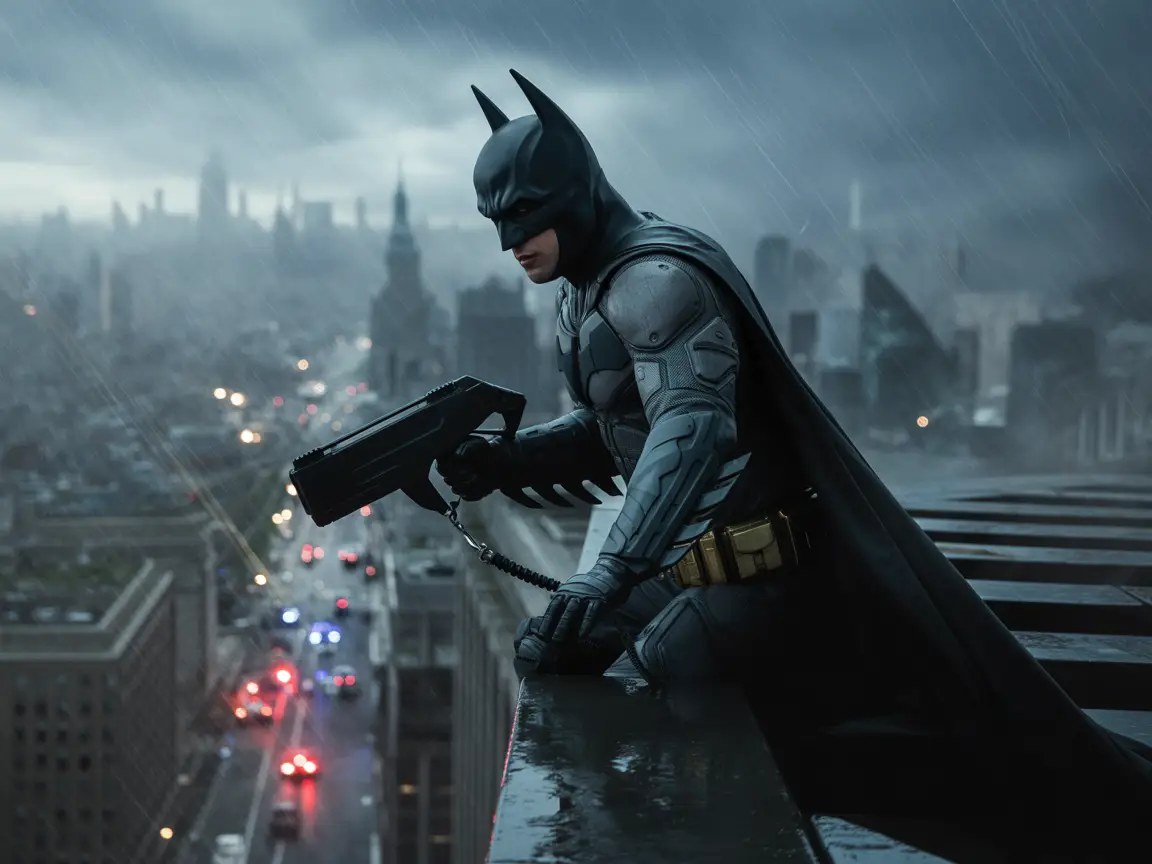 A tactical Batman holding a grappling hook, poised for action, urban background with faint sirens and smoke.