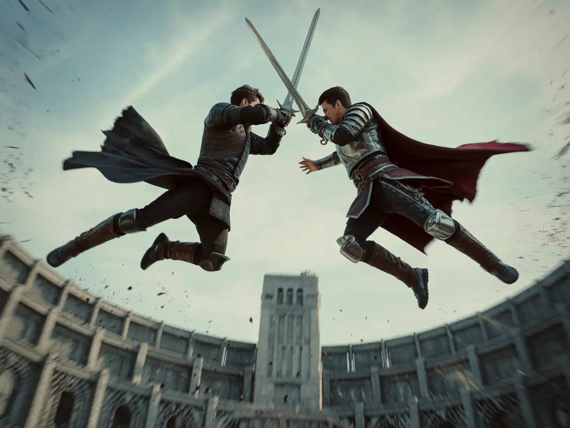 Two skilled swordsmen in mid-air, crossing swords above a shattered stone arena with debris scattered around..