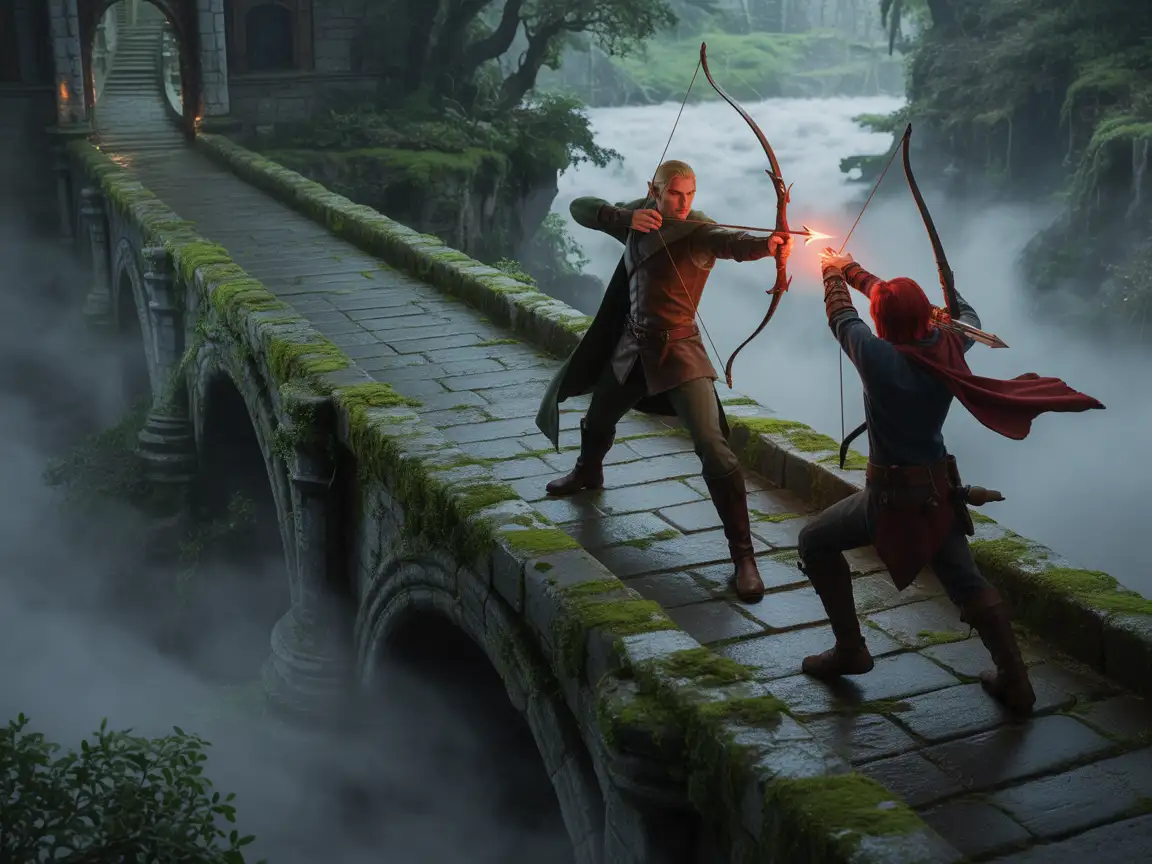 An elven archer and a rogue engaged in a duel on a mossy stone bridge.