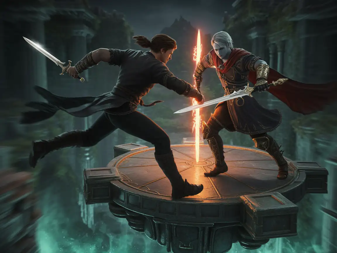 A rogue character clad in shadowy attire, wielding daggers, facing off against a spellblade in ornate armor, wielding a magical sword.