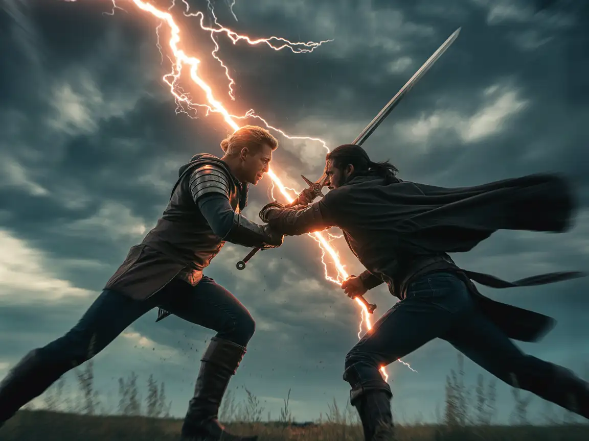 A heroic figure in armor and a sinister villain in dark clothing, engaged in combat amidst a raging storm.