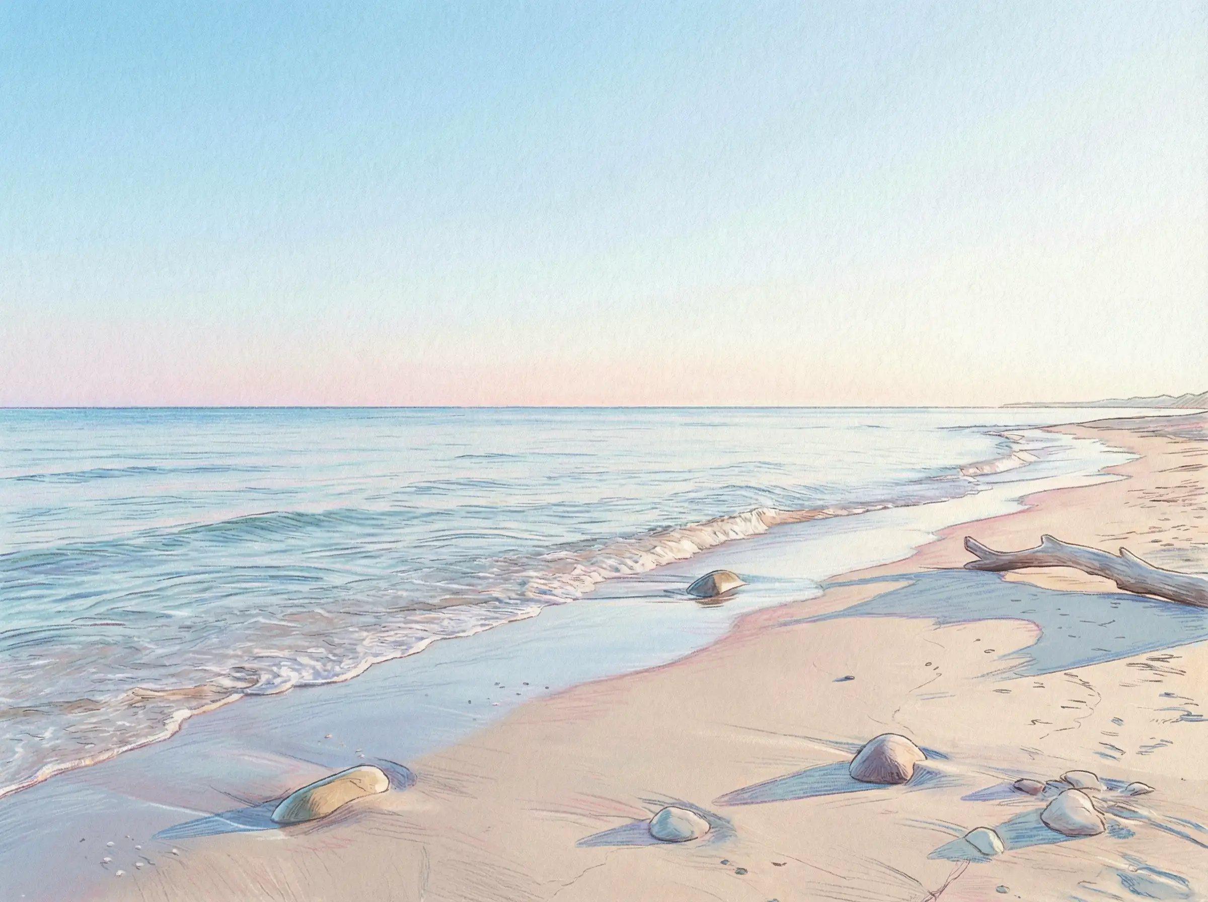 Soft pastel‑tone beach with clear sky, minimal waves, natural lighting, clean composition, slight hand‑drawn edge lines but overall photoreal feel