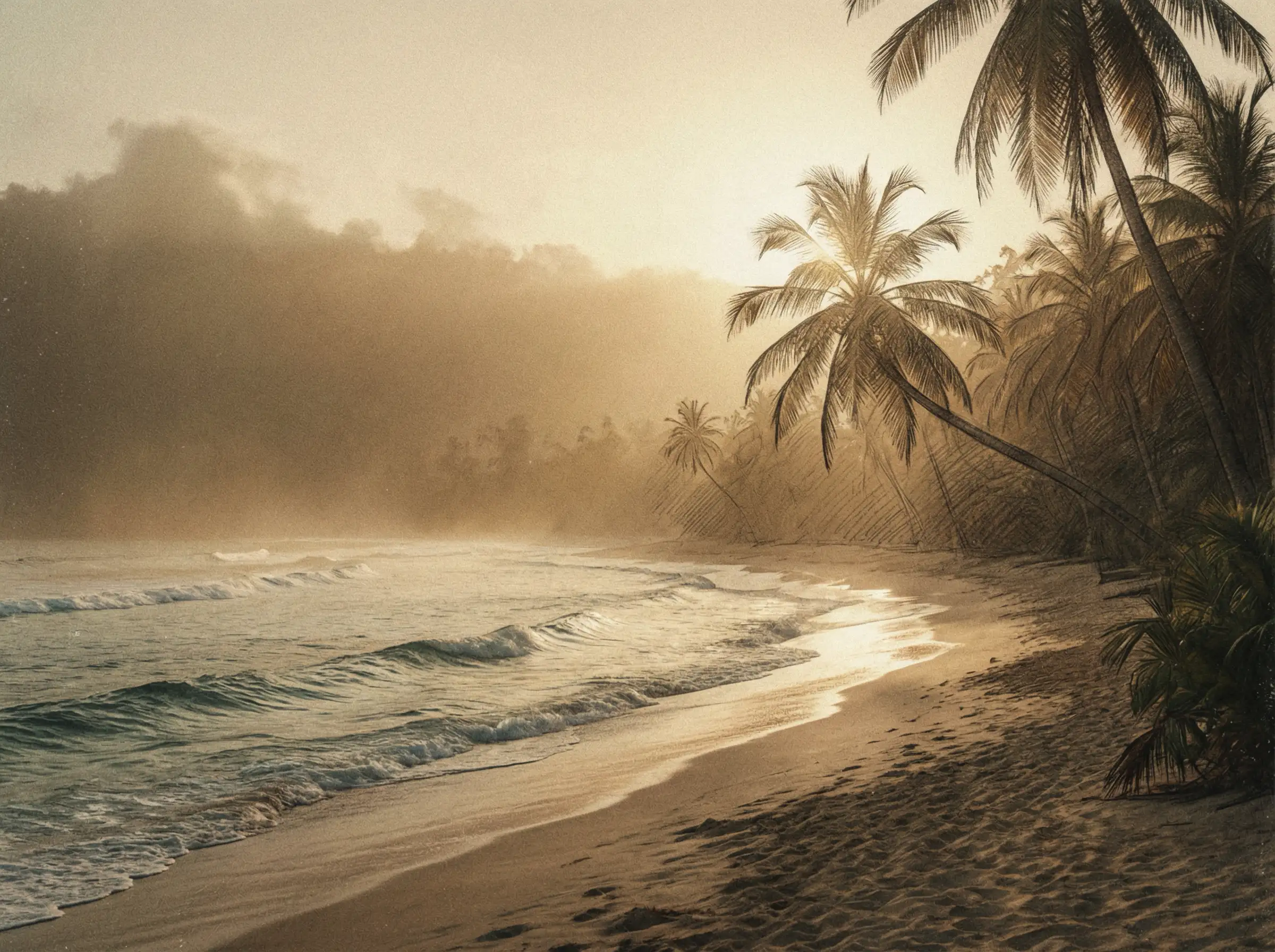 Beach view with warm film grain, soft sunlight, muted tones, gentle waves, hand‑drawn shading blended with realistic color palette