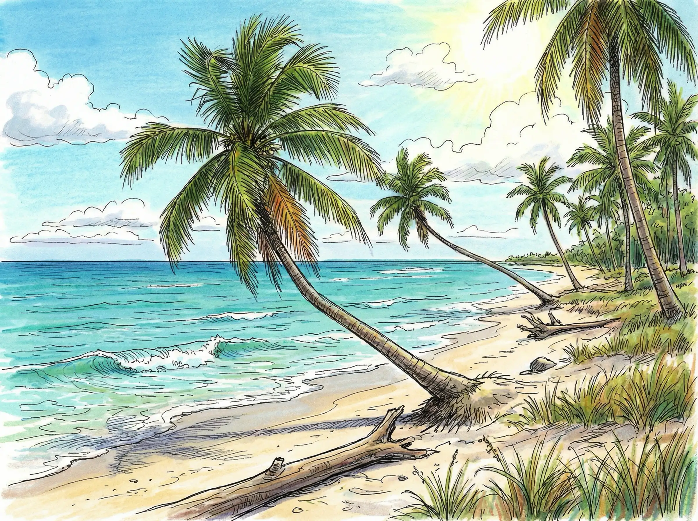 Minimalist beige and blue line‑art beach scene with simple waves, clean design aesthetic