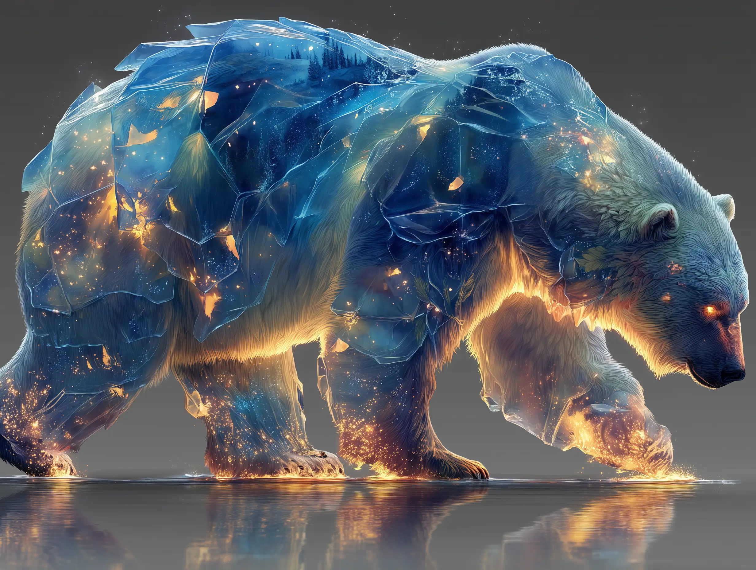 Fantasy-style ice bear with glowing blue accents, icy fur texture, magical particle effects, semi-realistic rendering, clean transparent cutout PNG