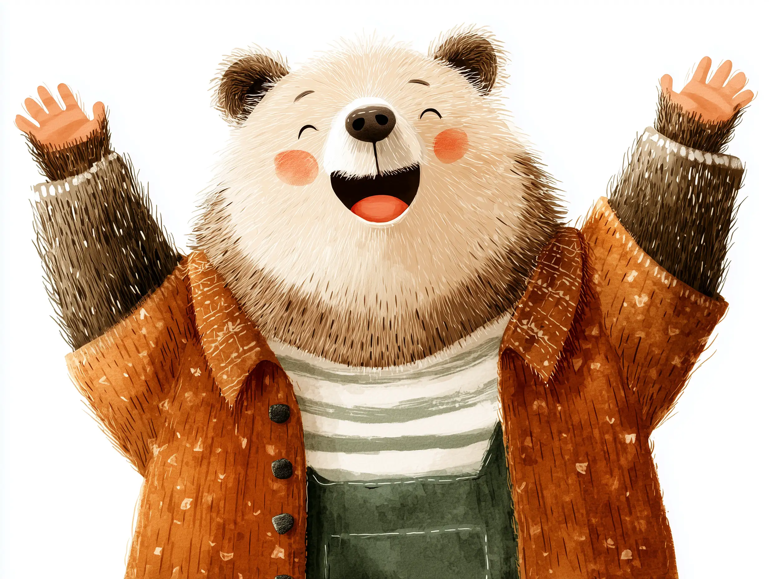 Cute kawaii-style brown bear waving happily, thick clean outlines, soft pastel colors, simple shapes, high-resolution character PNG with transparent background