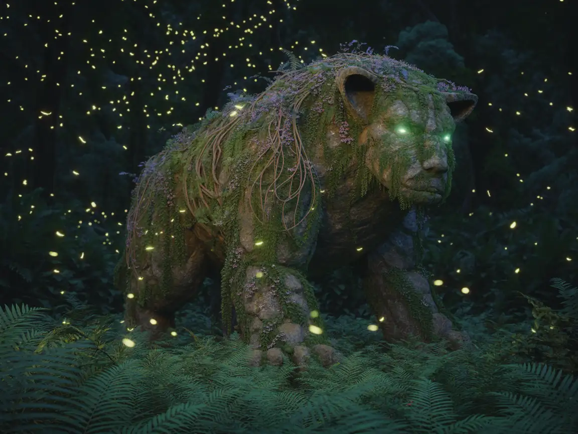 A massive forest guardian beast made of moss, vines, and stone, surrounded by glowing fireflies in a dense jungle