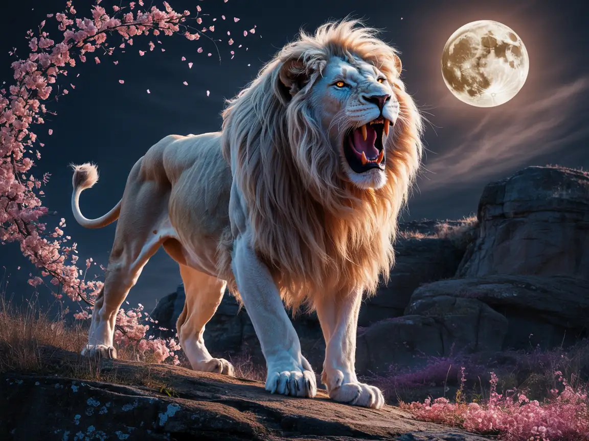 A white lion with a golden mane roaring beneath a glowing full moon, surrounded by drifting petals