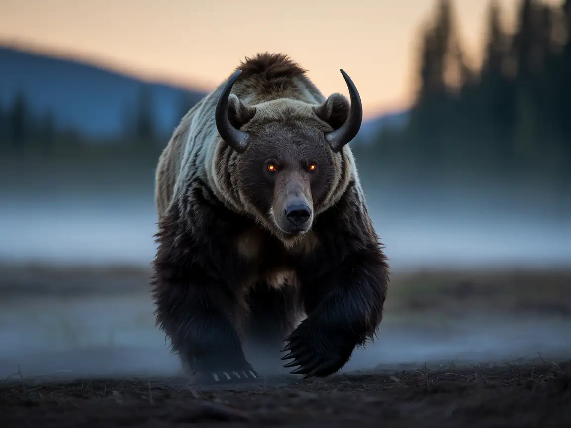 A horned bear with glowing eyes emerging from a fog-covered valley at dawn