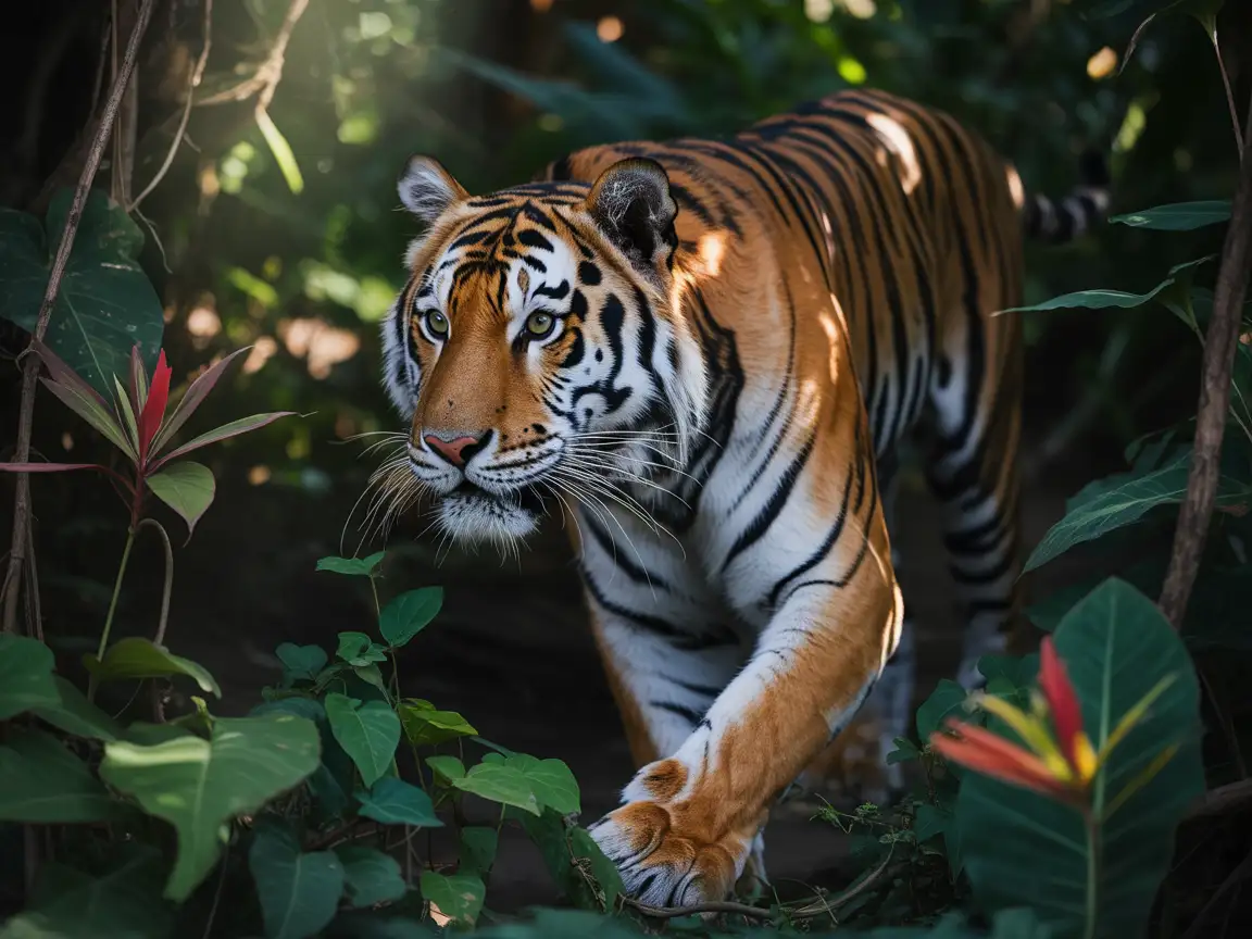 A tiger with emerald-green eyes prowling through dense jungle foliage