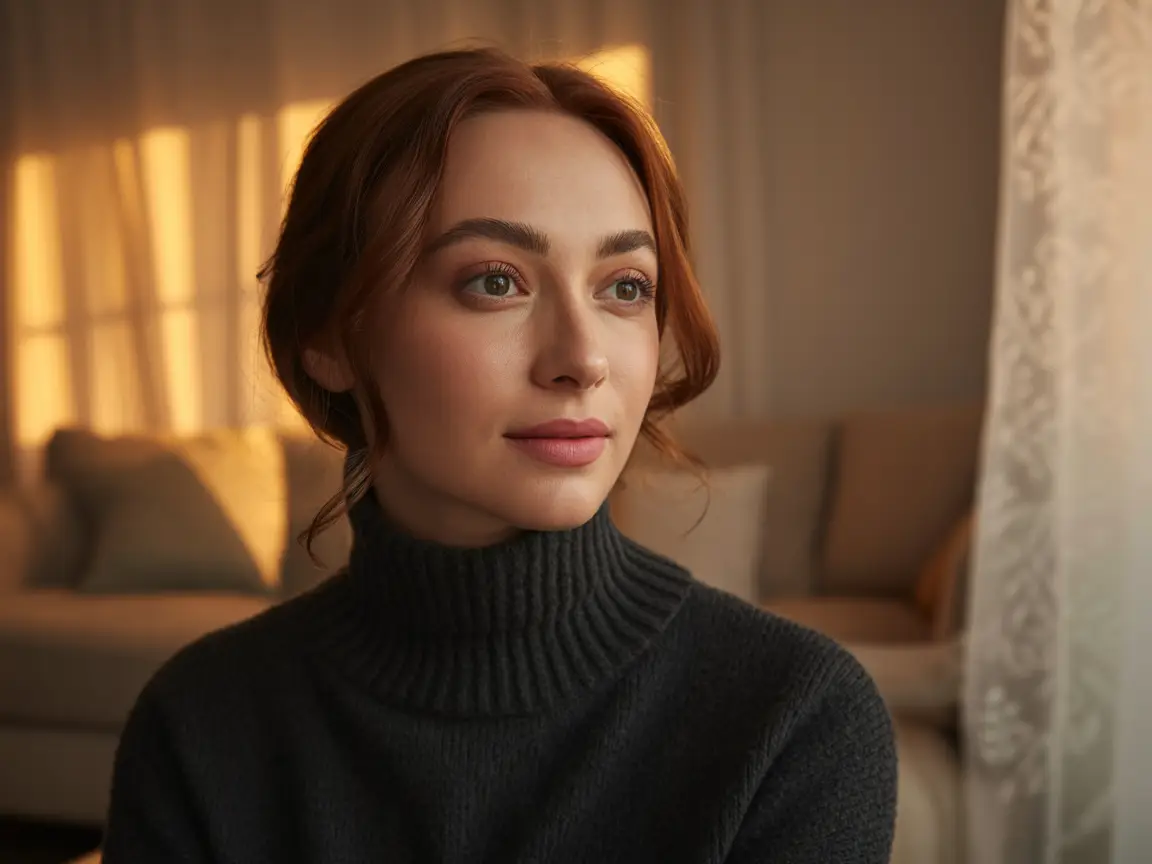 Beautiful young woman in a turtleneck sweater, smooth skin, expressive brown eyes, soft golden hour lighting, photorealistic.