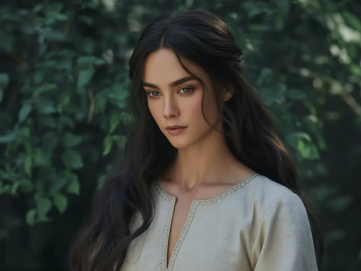 Stunning female avatar with long black hair, soft natural makeup, gentle expression, modest outfit, ultra-realistic textures and lighting.