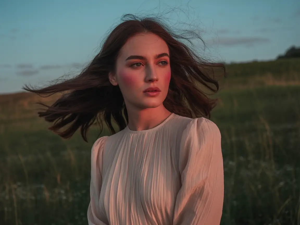 Gorgeous woman with natural flowing hair, soft blush, warm sunlight on her face, modest long-sleeve dress, realistic photography style, ultra HD.