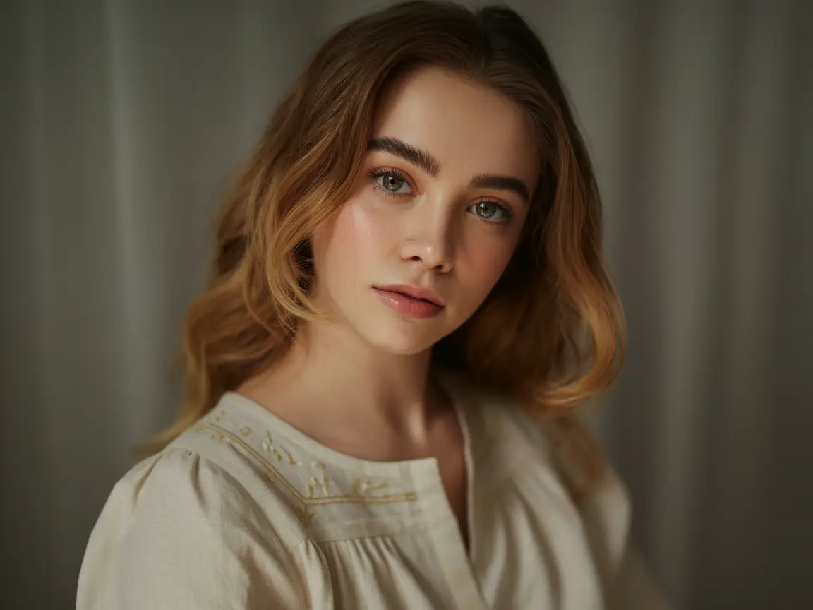 Close-up female avatar with delicate features, expressive eyes, flawless skin, soft indoor light, modest clothing, realistic textures.