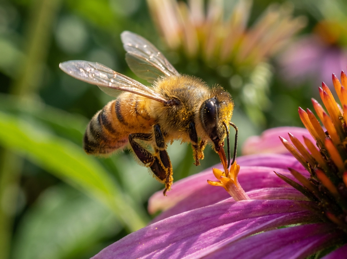 Bee collecting nectar from a flower, ultra‑realistic body and wings, detailed pollen particles, natural sunlight, shallow depth of field, macro wildlife photography, documentary realism