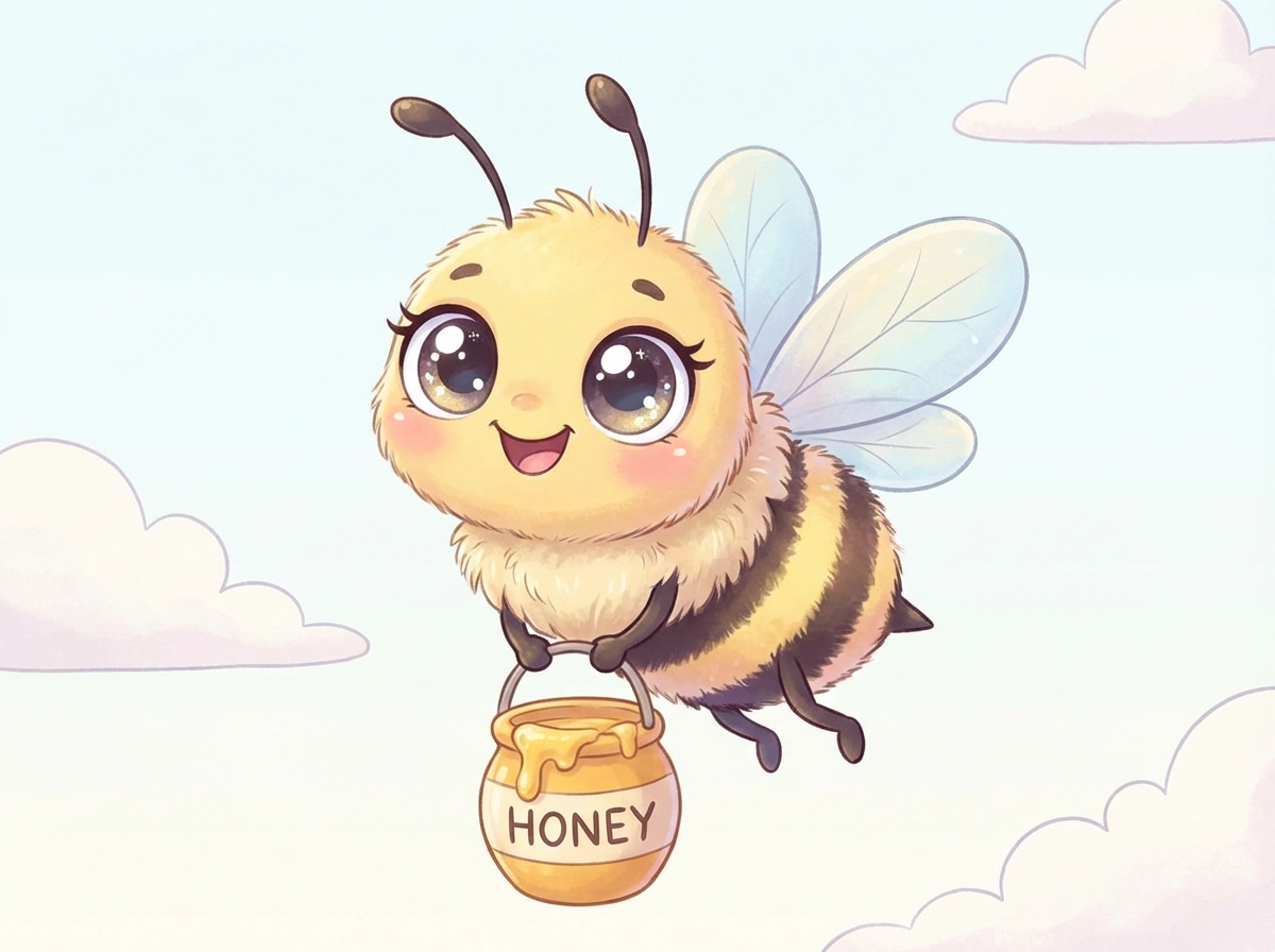 Cute cartoon bee flying with honey pot, big eyes, soft pastel colors, joyful mood, clean background, children’s illustration style