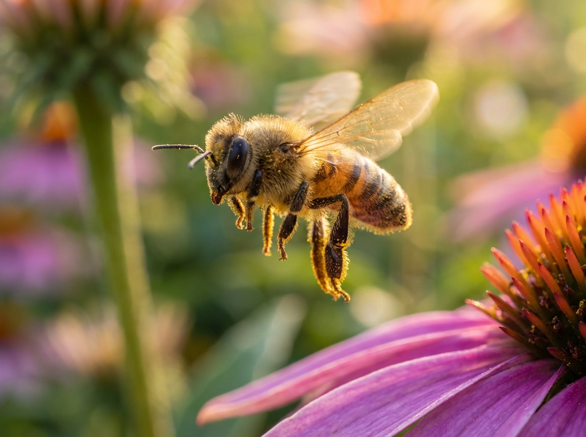 Bee hovering over blooming flower, frozen wing motion, detailed pollen dust, cinematic lighting, macro wildlife photography