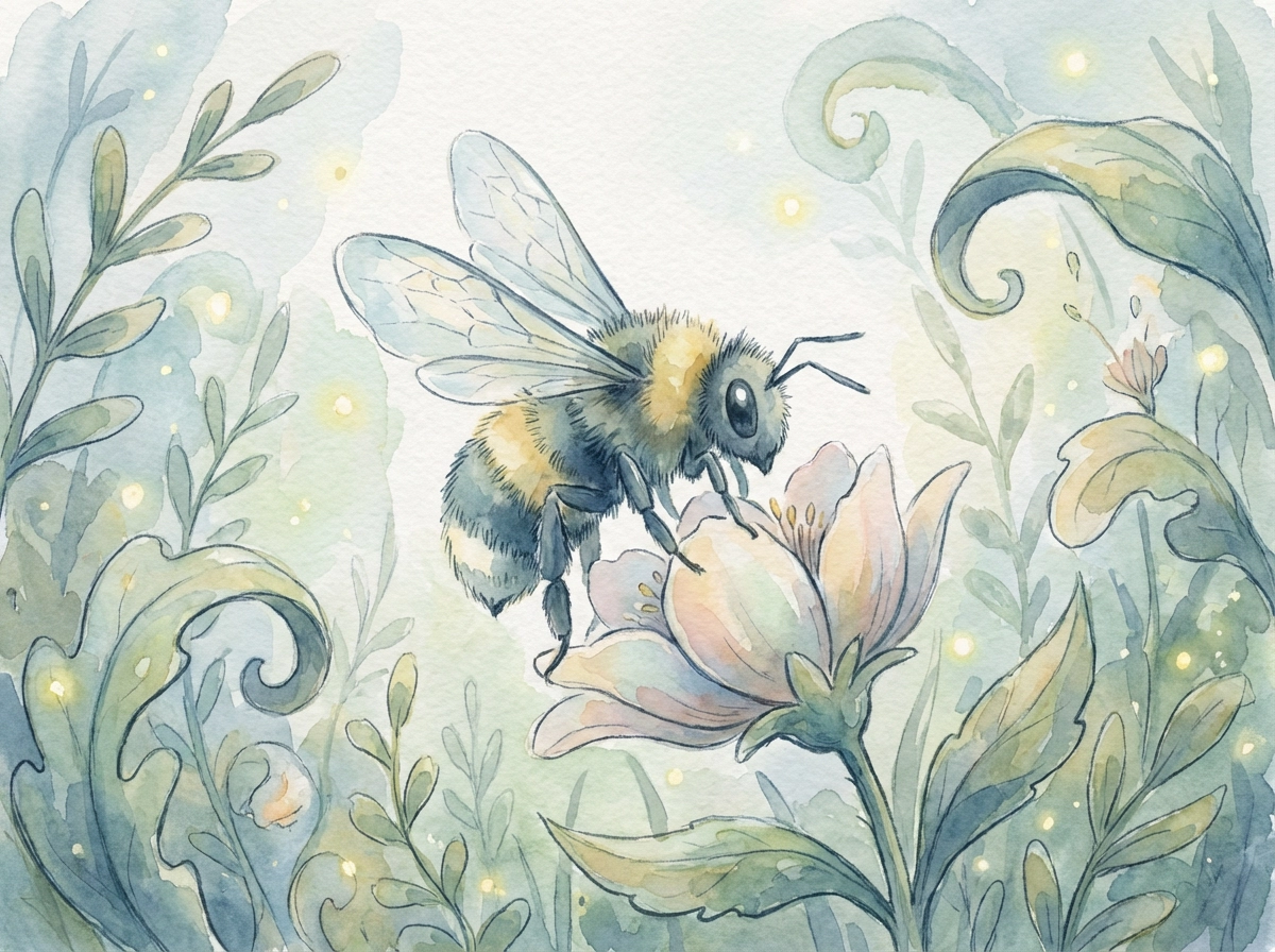Artistic illustration of a bee, watercolor texture, soft brush strokes, garden fairytale atmosphere, hand‑painted style