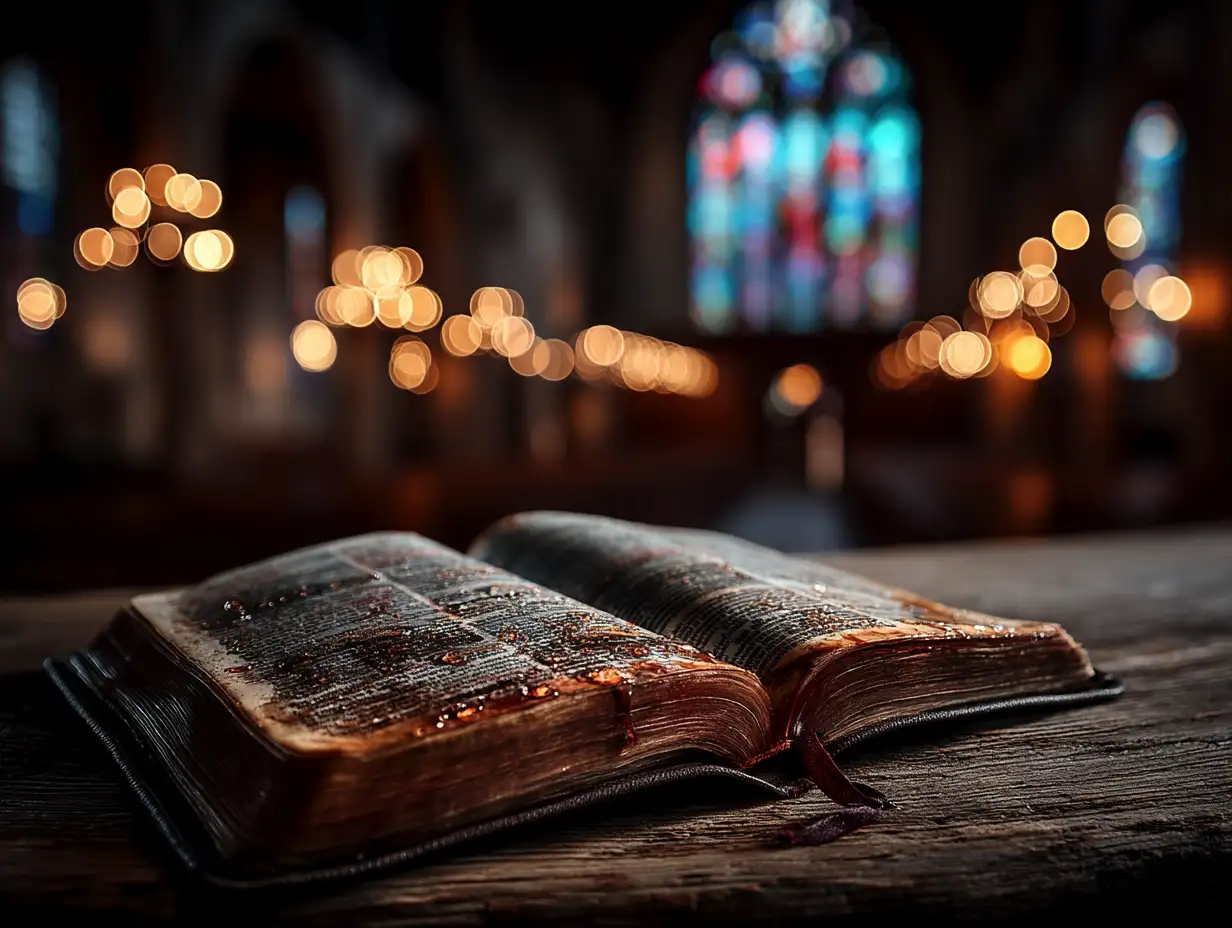 Open Bible on a wooden altar under stained-glass light, soft bokeh, reverent tone