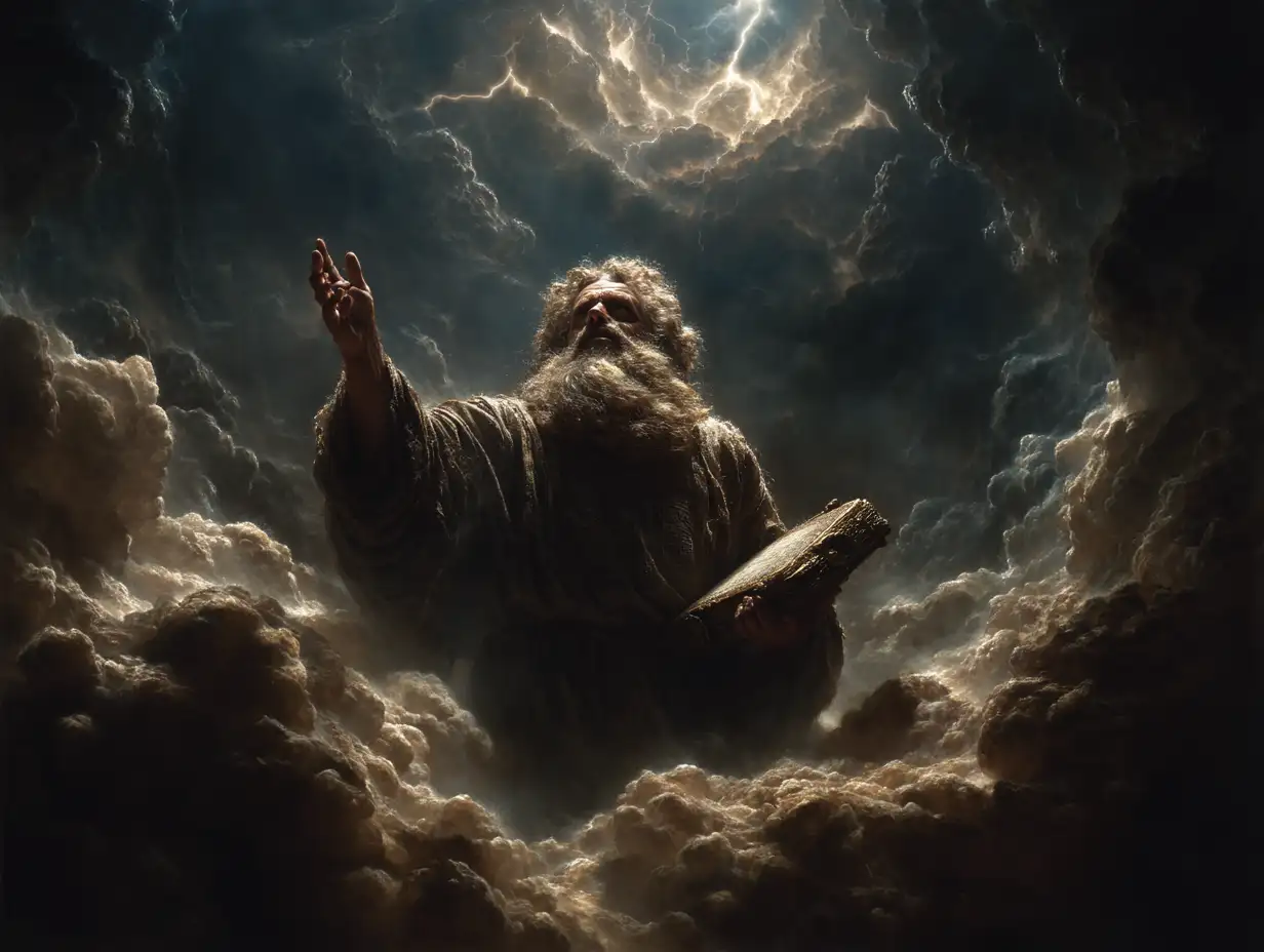 Moses raising the tablets of the Ten Commandments on Mount Sinai, lightning in the clouds, epic dramatic lighting