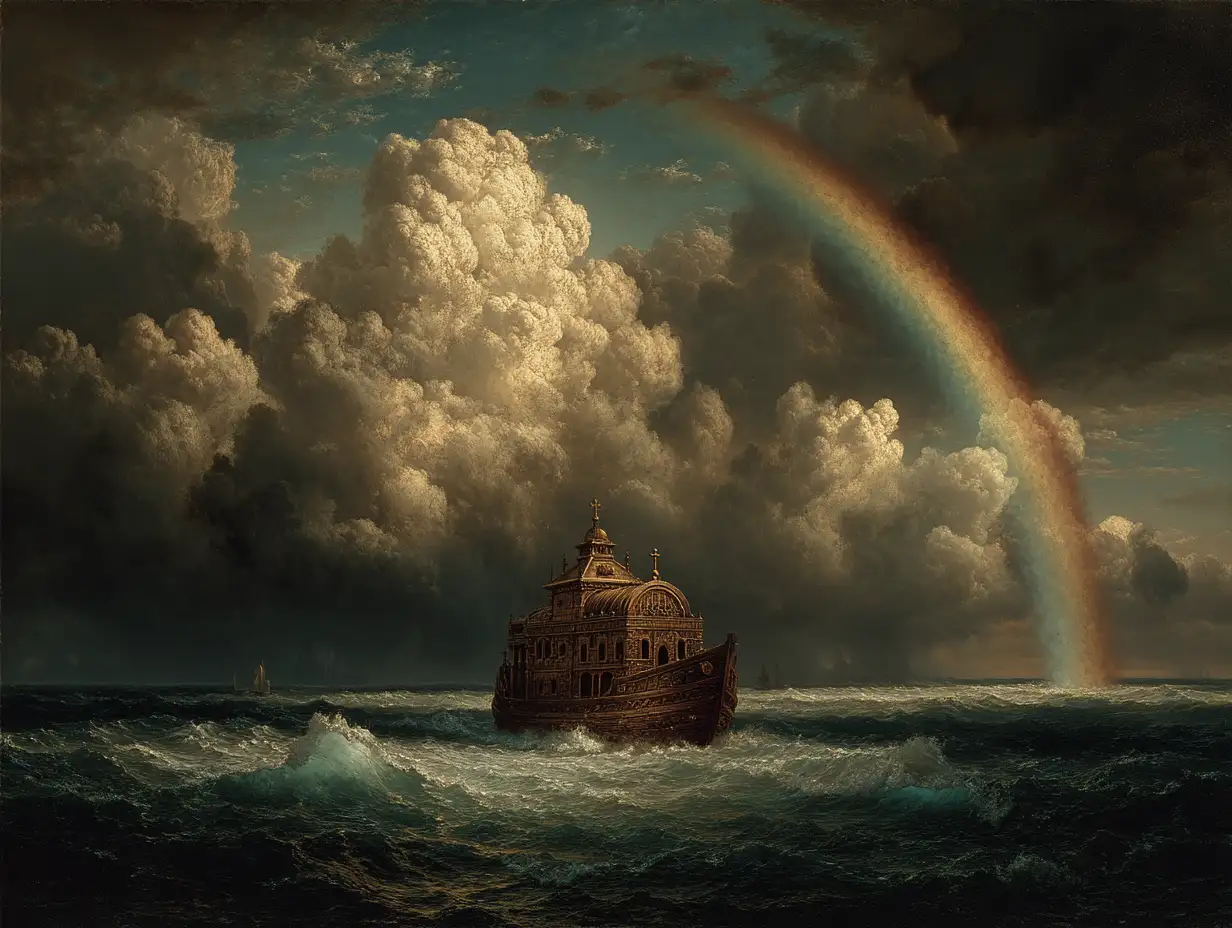 Noah’s Ark beneath a stormy sky, rainbow emerging from the clouds, oil-painting style