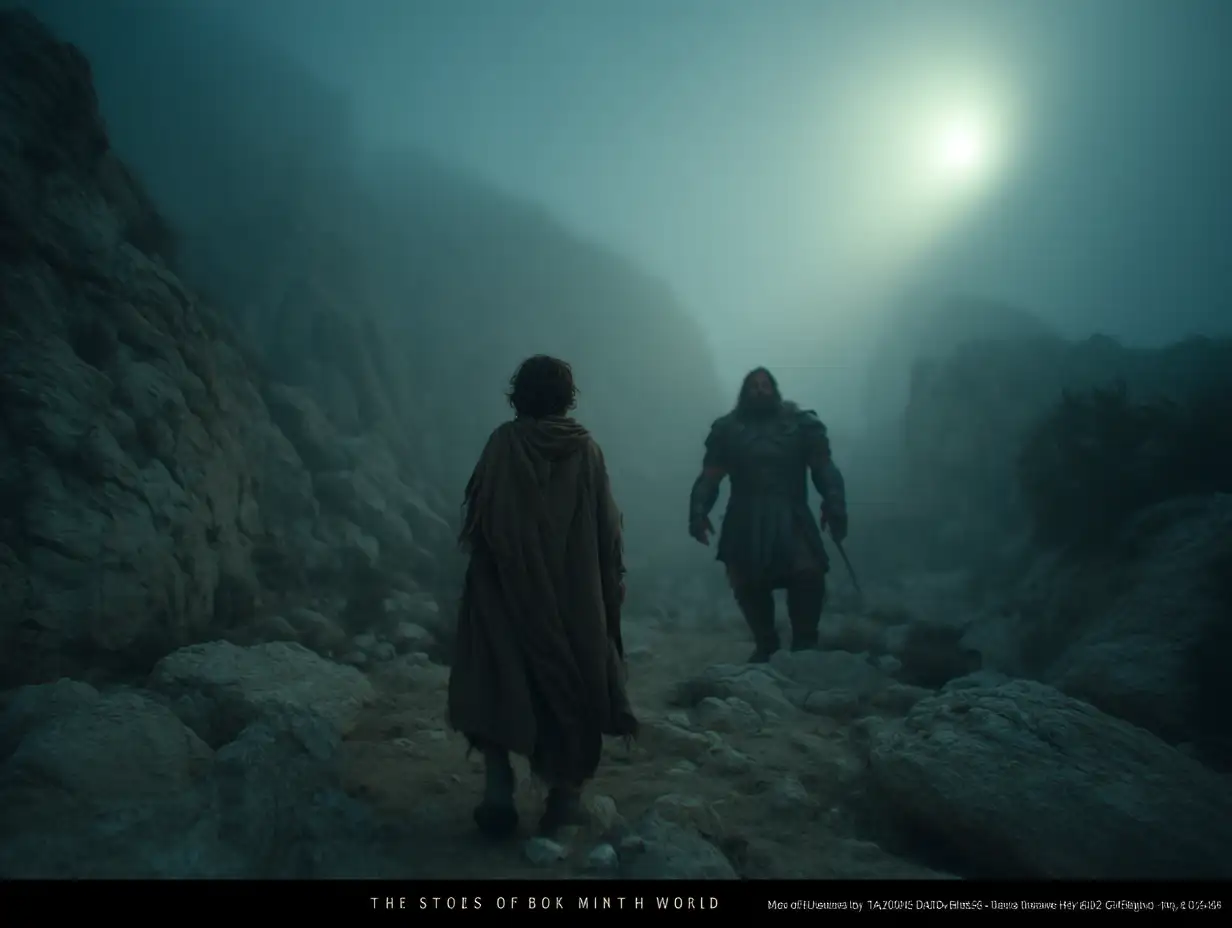 David facing Goliath in a desert valley, sling ready, divine light from above, cinematic composition