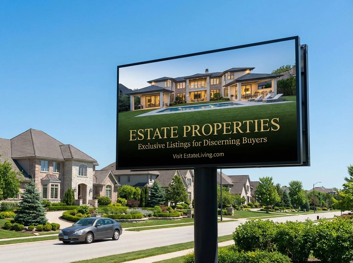Valla publicitaria de bienes raíces, imagen de casa de lujo, tipografía serif elegante, entorno suburbano diurno, estilo de marketing profesional