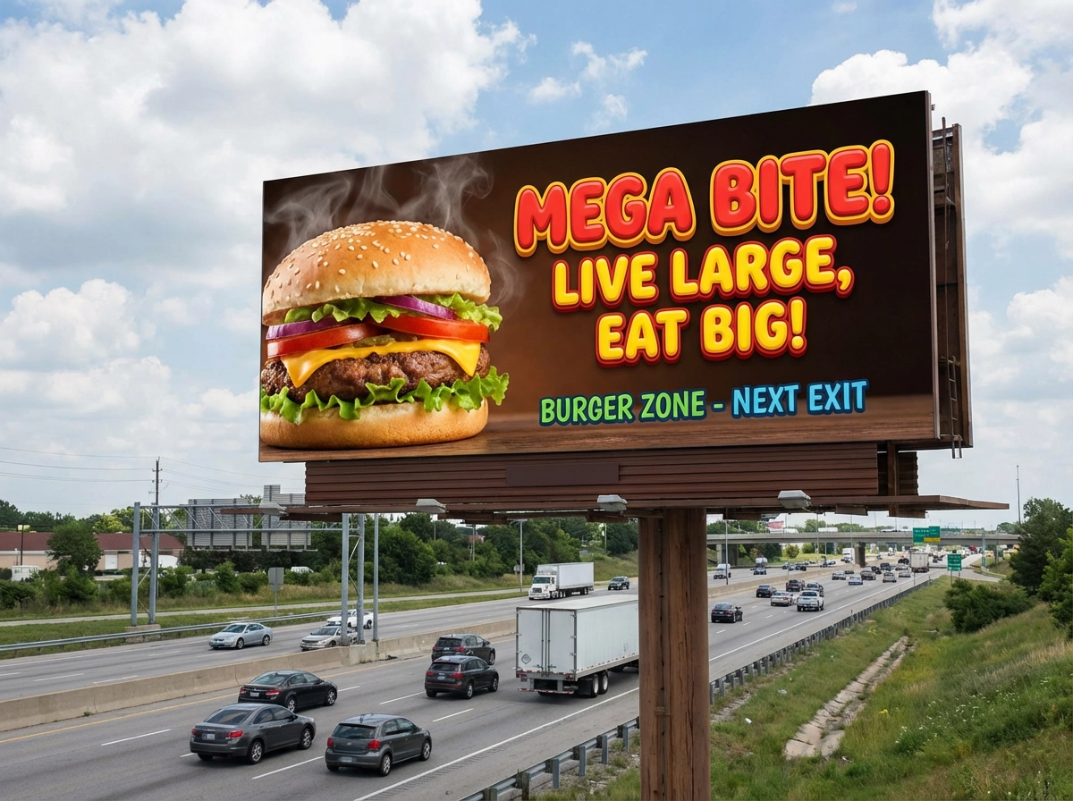 Valla publicitaria de anuncio de comida, visual de hamburguesa oversized, colores audaces, tipografía juguetona, maqueta de valla publicitaria al borde de la carretera