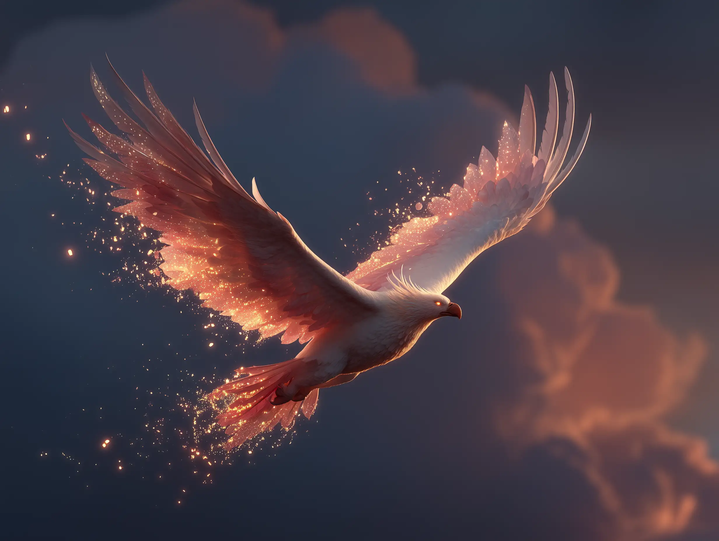 Fantasy phoenix-like bird glowing with warm aura, floating embers, dramatic wingspan pose, magical sky backdrop, cinematic fantasy art