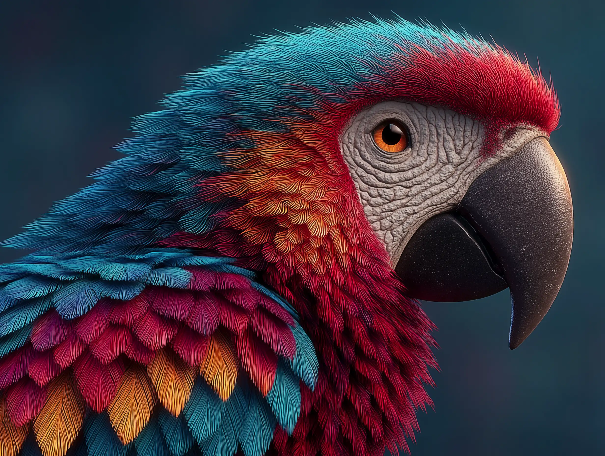 Vibrant tropical macaw with glowing multicolored feathers, lush jungle background, cinematic rim lighting, vivid contrast, detailed bird plumage
