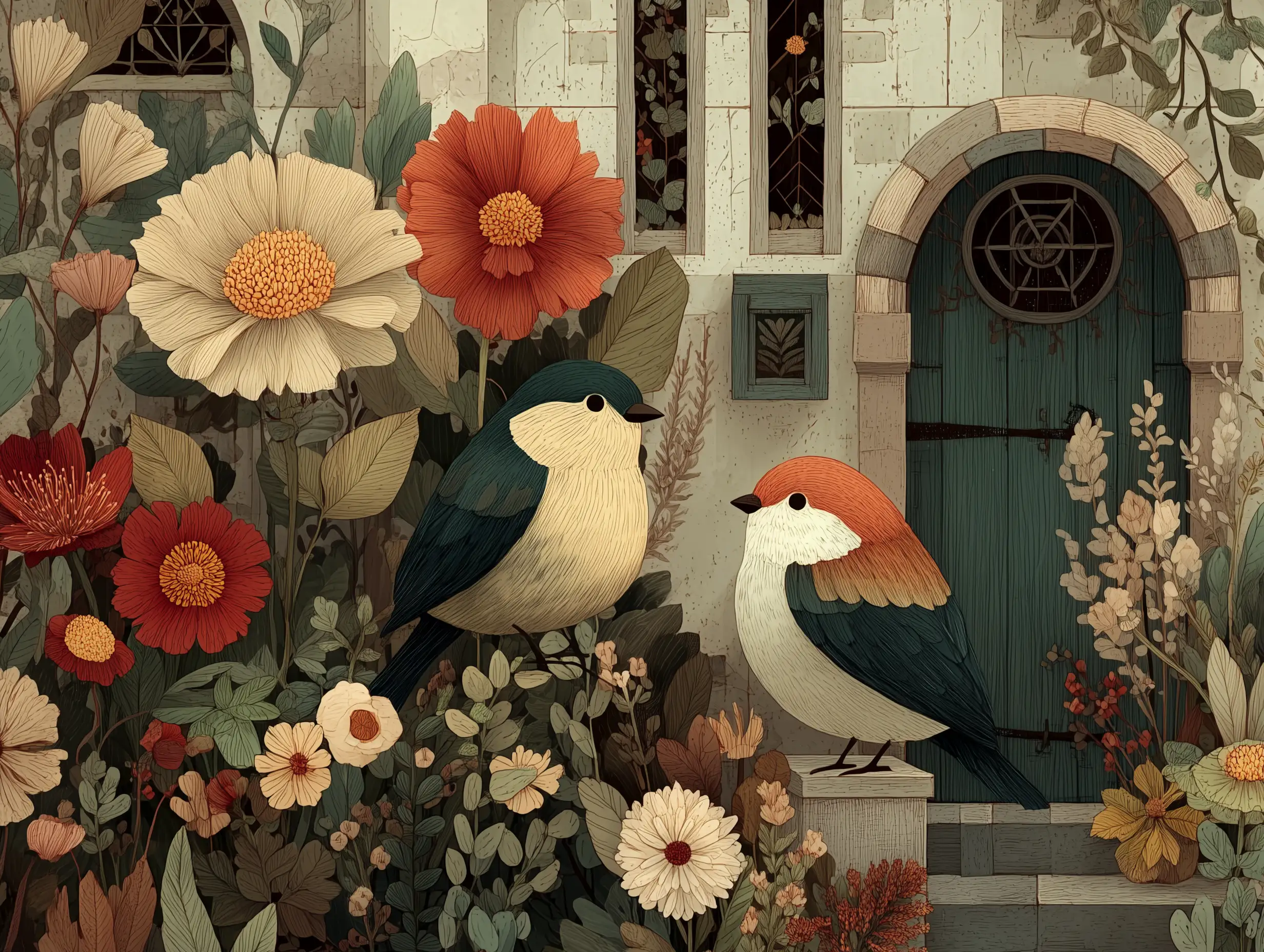 Small finches fluttering around a cozy cottage garden, soft warm colors, vintage nature illustration style, gentle sunlight, peaceful emotions