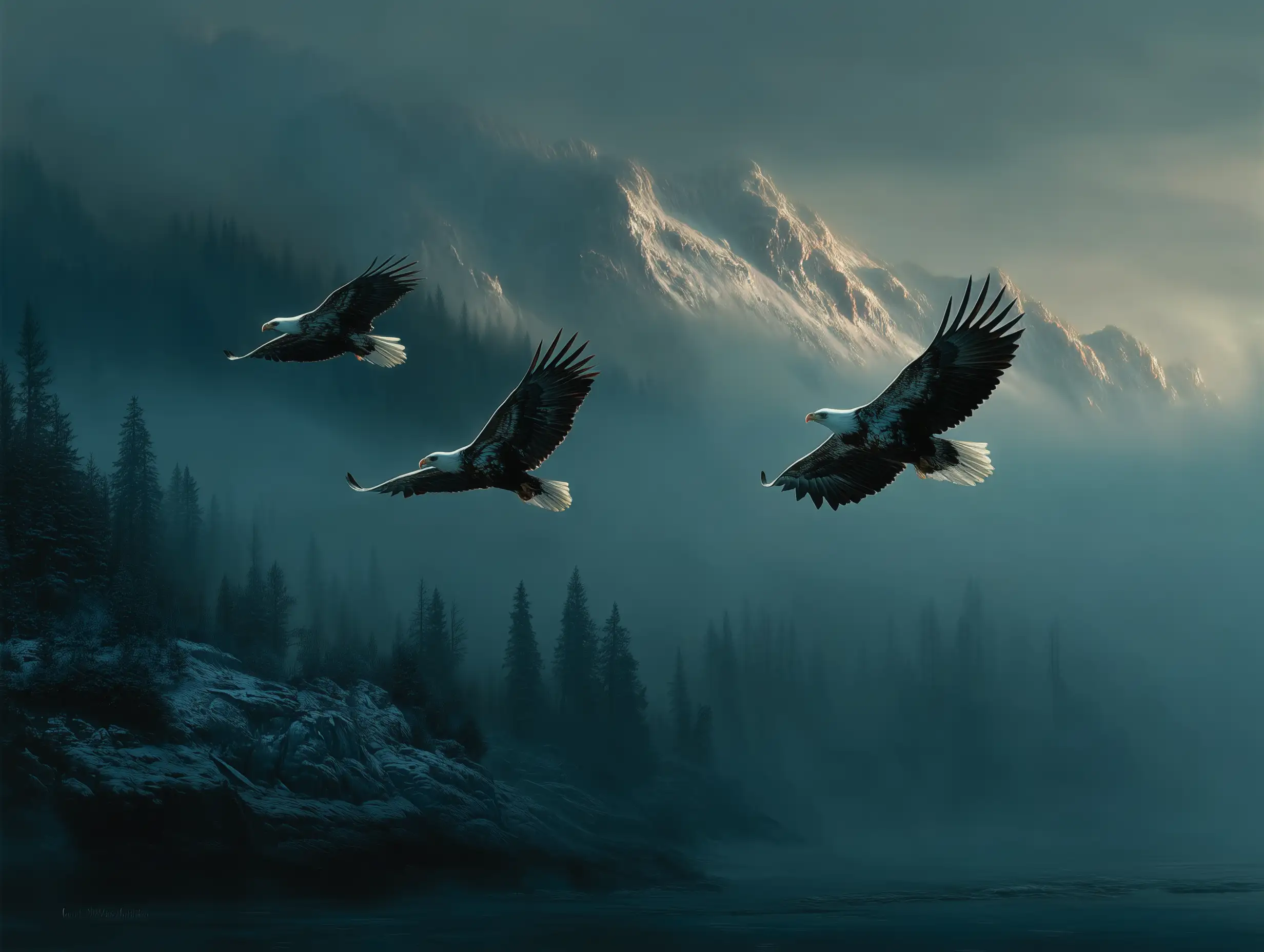 3 eagles soaring through misty mountain cliffs, cold morning fog, dramatic lighting, realistic wingspan detail, atmospheric wildlife wallpaper