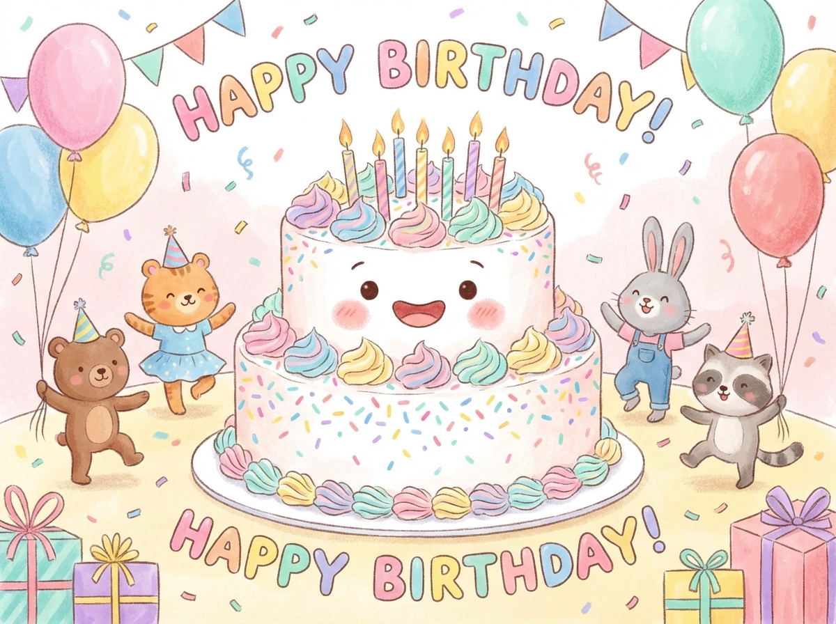 Cute cartoon birthday cake with smiling face, colorful frosting, rainbow sprinkles, happy party mood, pastel colors, children’s illustration style