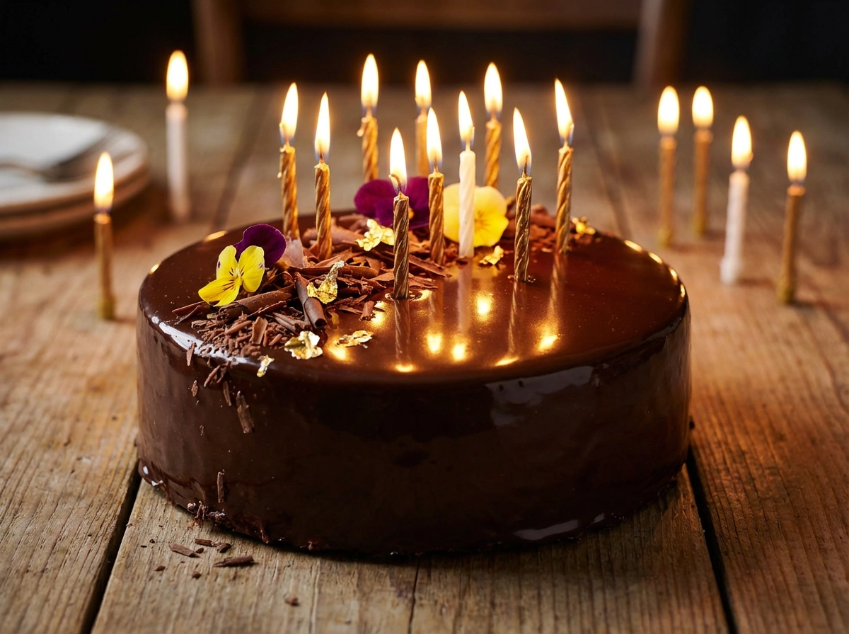 Realistic chocolate birthday cake with candles, glossy ganache, detailed texture, warm candlelight, professional food photography