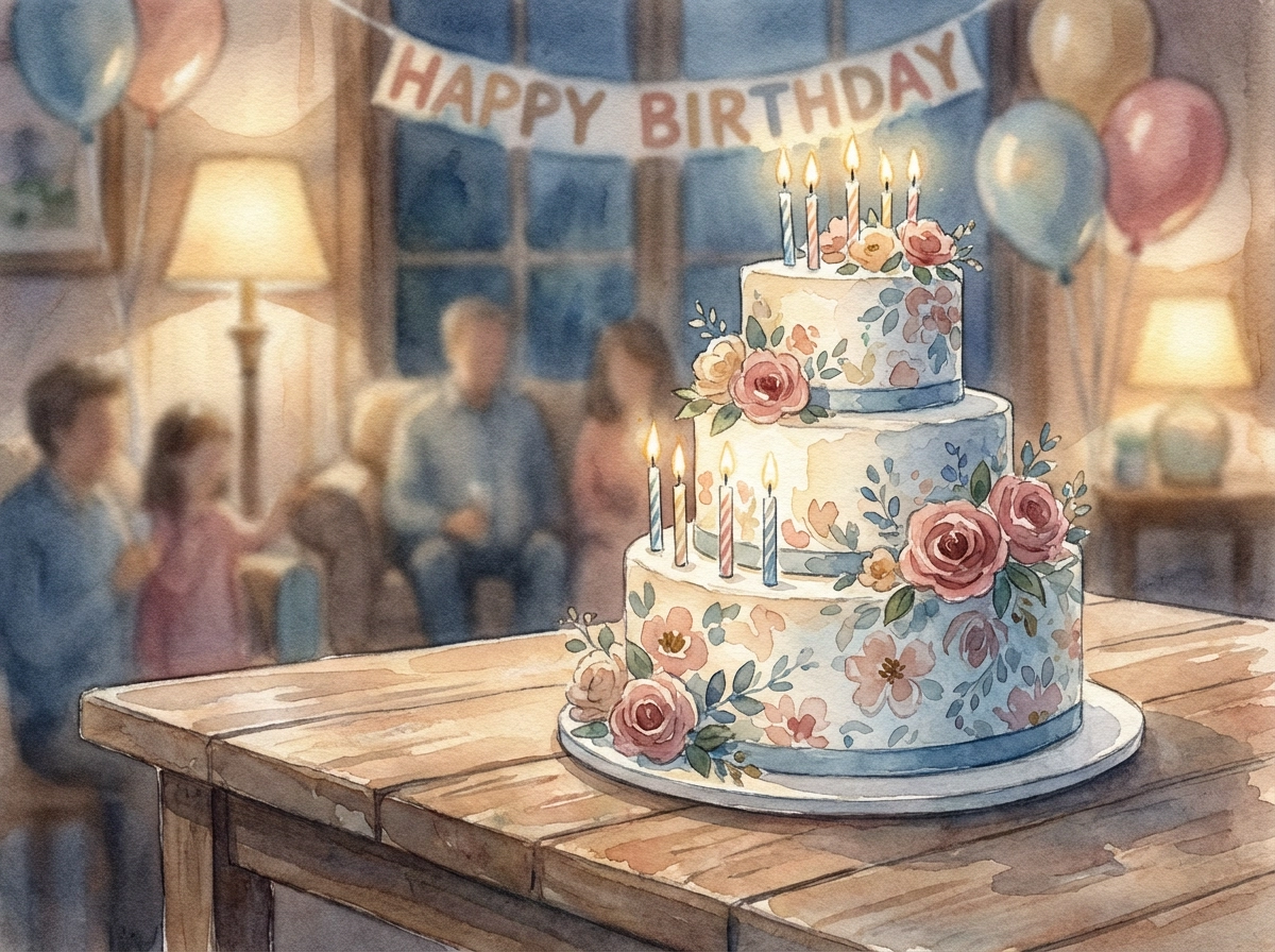 Artistic illustration of a birthday cake, watercolor texture, soft brush strokes, cozy celebration atmosphere, hand‑painted style