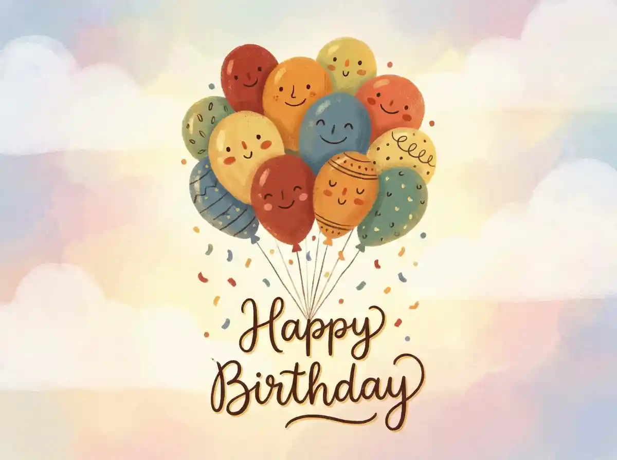 A cheerful birthday card illustration with colorful balloons, confetti, and a handwritten “Happy Birthday” message, soft pastel background, warm lighting, modern illustration style.