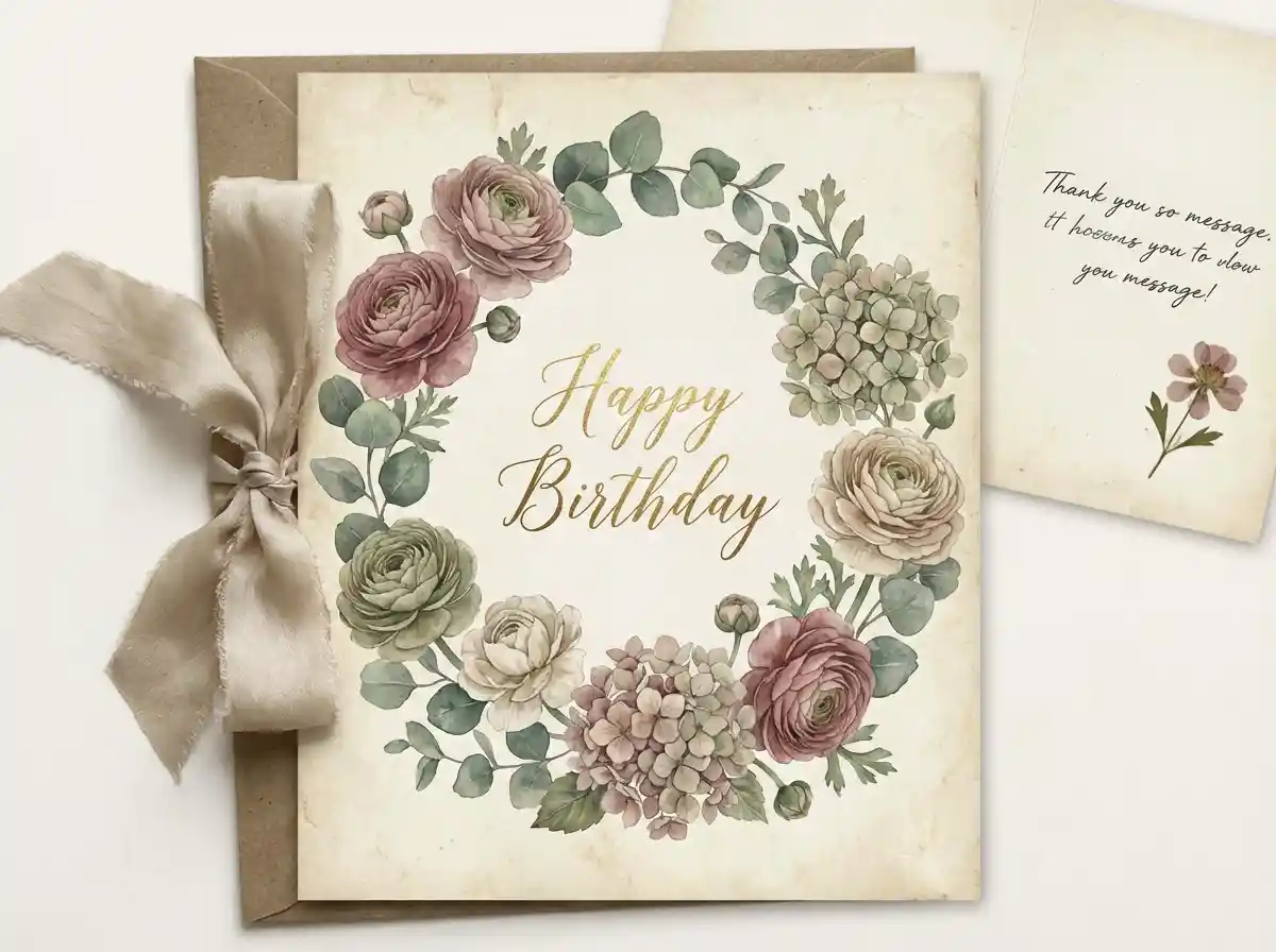 A classy birthday card featuring soft floral elements, muted tones, refined illustration style