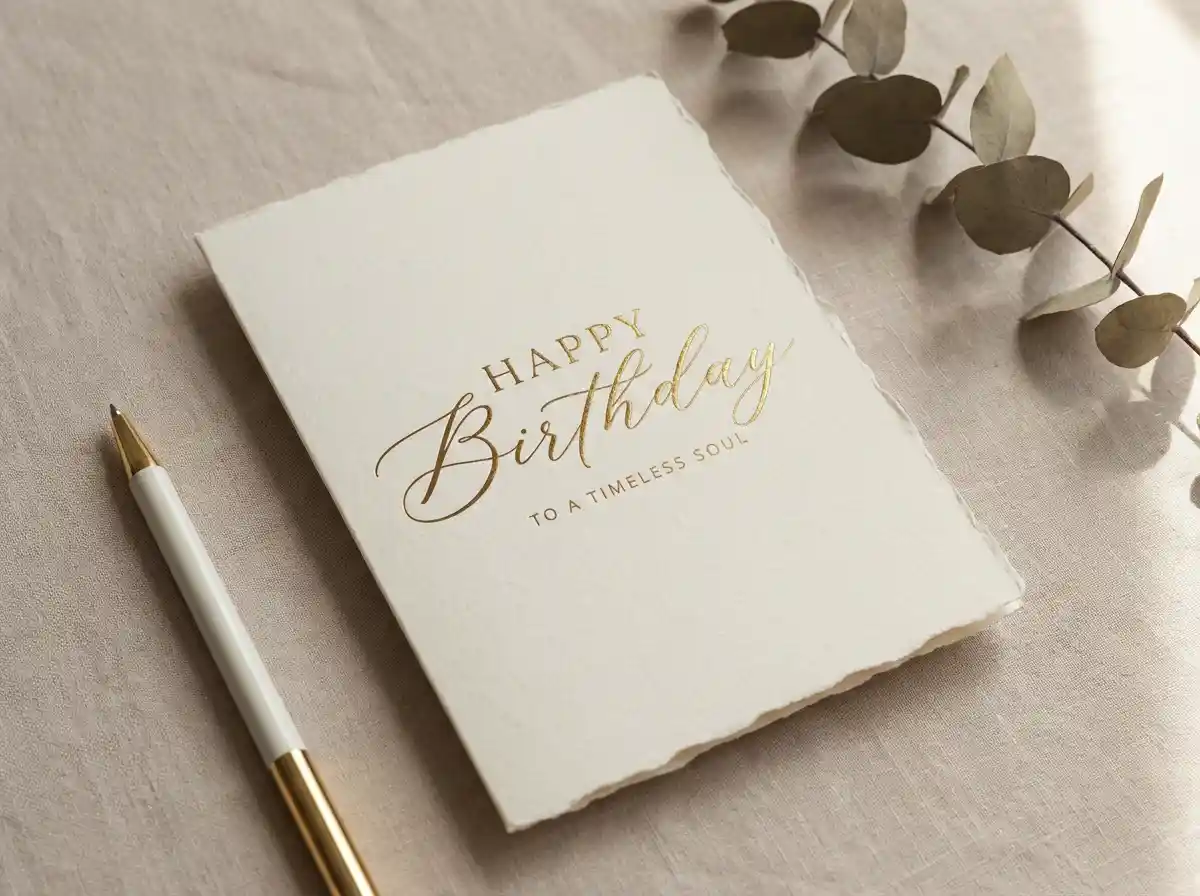 An elegant birthday card design with gold foil typography, soft beige background, minimalist luxury style.
