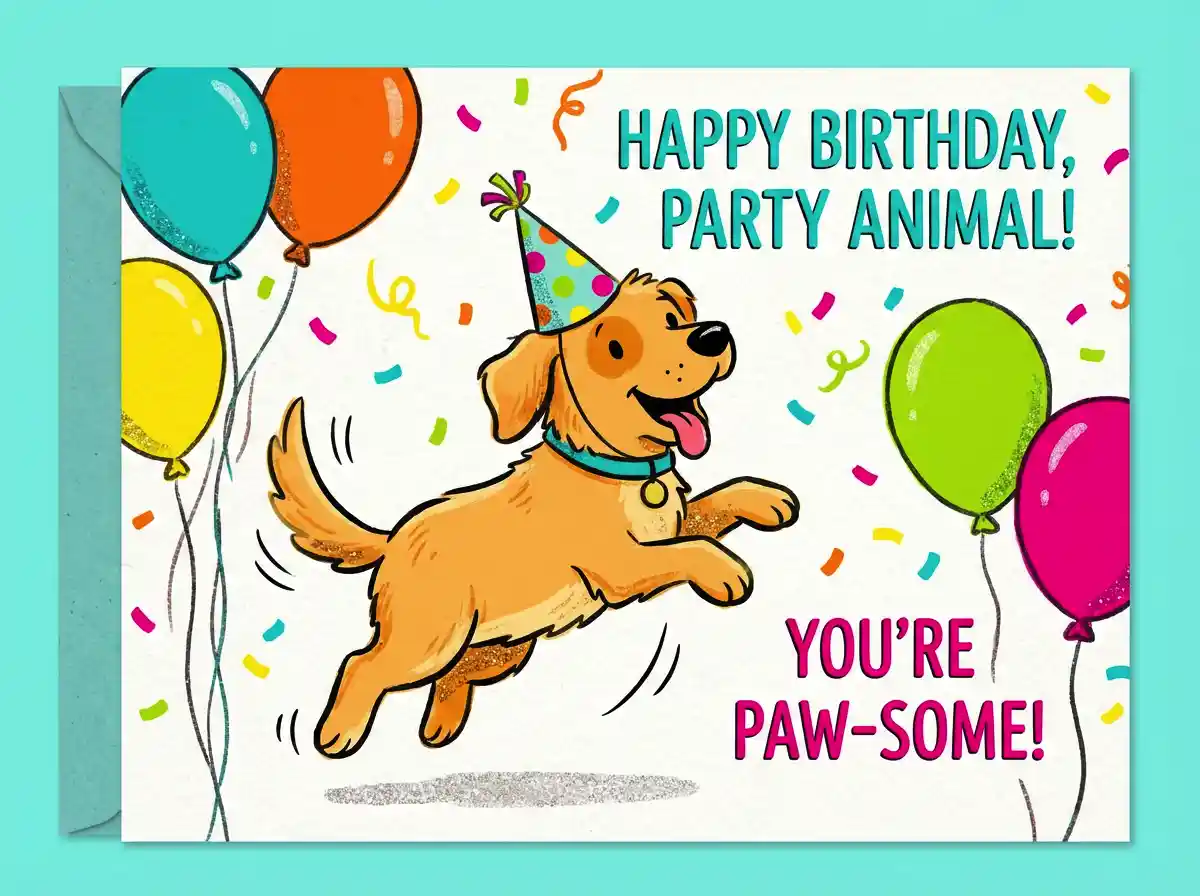 A fun birthday card featuring a playful puppy wearing a party hat, bright colors, joyful cartoon style.