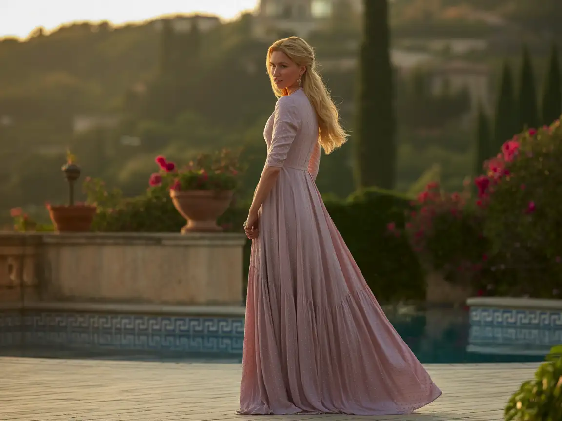 An elegant blonde woman in a long pastel dress, standing on a sunlit terrace, soft golden hour light, cinematic realism.