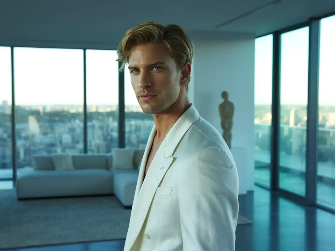 A blonde man in a white suit standing in a modern penthouse, fashion editorial photography style.