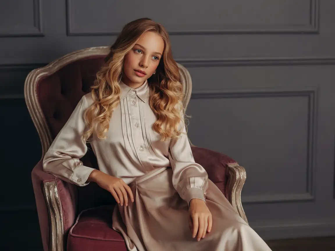 A beautiful blonde girl with wavy hair wearing a modest silk blouse and skirt, sitting gracefully on a velvet chair, soft lighting.