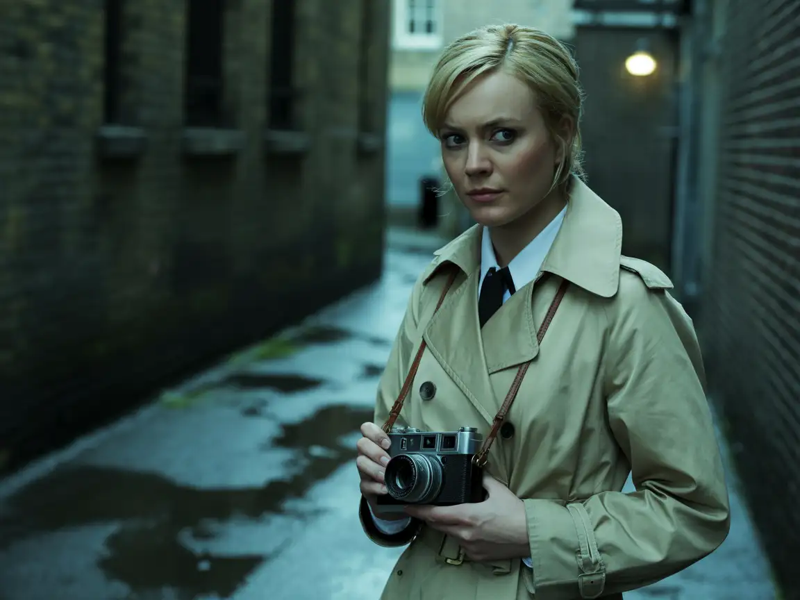 A blonde female detective in a trench coat holding a camera, noir atmosphere, cinematic lighting.