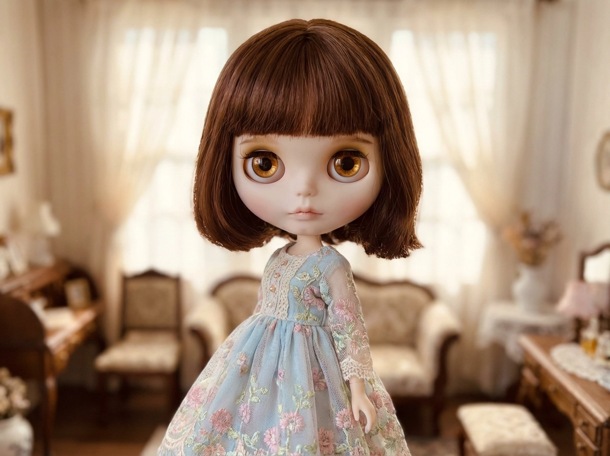 Blythe-Puppen-Charakter, überdimensionierte ausdrucksstarke Augen, blasse Porzellanhaut, kastanienbrauner Bob-Haarschnitt mit Pony, weiches Pastellkleid, traumhafte Beleuchtung, hochdetaillierter Puppenfotografie-Stil