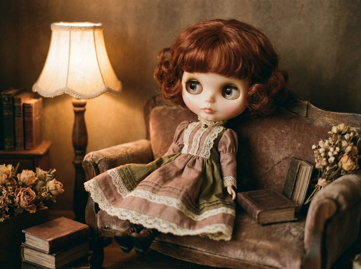 Vintage-Blythe-Puppe, kurze lockige Haare, klassisches viktorianisches Kleid, gedämpfte Farbpalette, weiches warmes Licht, nostalgische Puppenfotografie
