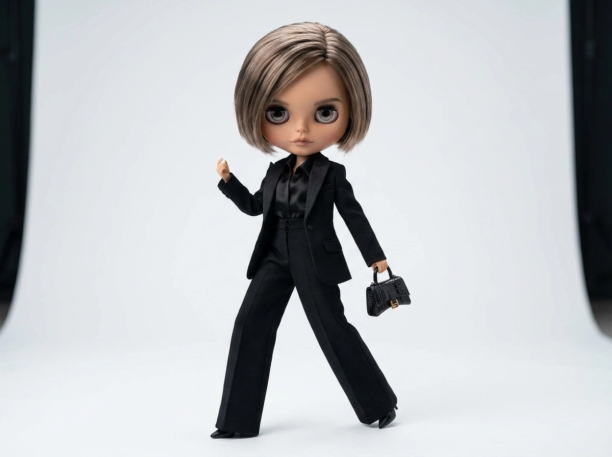 Moderne Fashion-Blythe-Puppe, schickes Outfit, runway-inspirierte Pose, neutraler Hintergrund, High-Fashion-Editorial-Stil