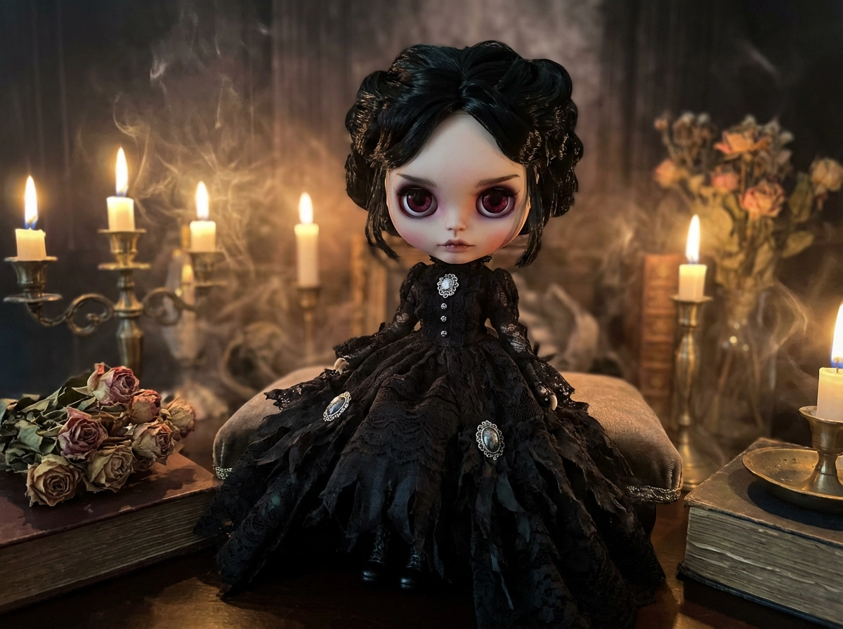 Dark-Fantasy-Blythe-Puppe, tiefrote Augen, gotisches Spitzenkleid, Kerzenlichtstimmung, mystisches Märchenästhetik