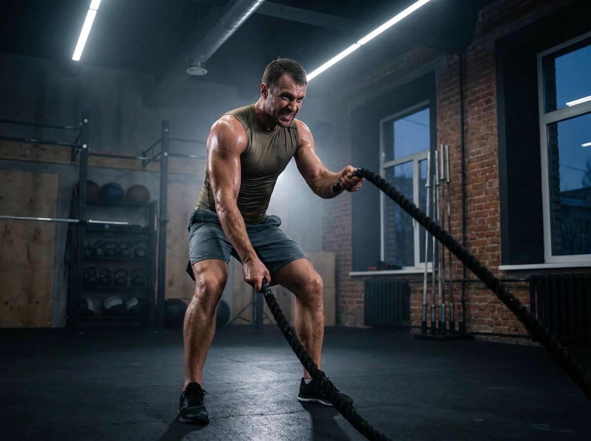 Foto hiper-realista de corpo inteiro de um homem caucasiano atlético em um ambiente de academia moderna, iluminação intensa de treino, suor brilhando na pele, musculatura definida, resolução 8K, atmosfera cinematográfica, fotografia profissional de fitness.