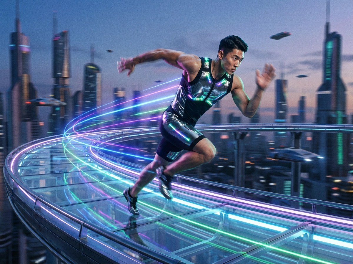 Foto de corpo inteiro de um atleta asiático musculoso correndo em pista futurista, desfoque de movimento, iluminação de acento neon, roupa esportiva de alta tecnologia, cinema 8K, hiper-realista, energia dinâmica.