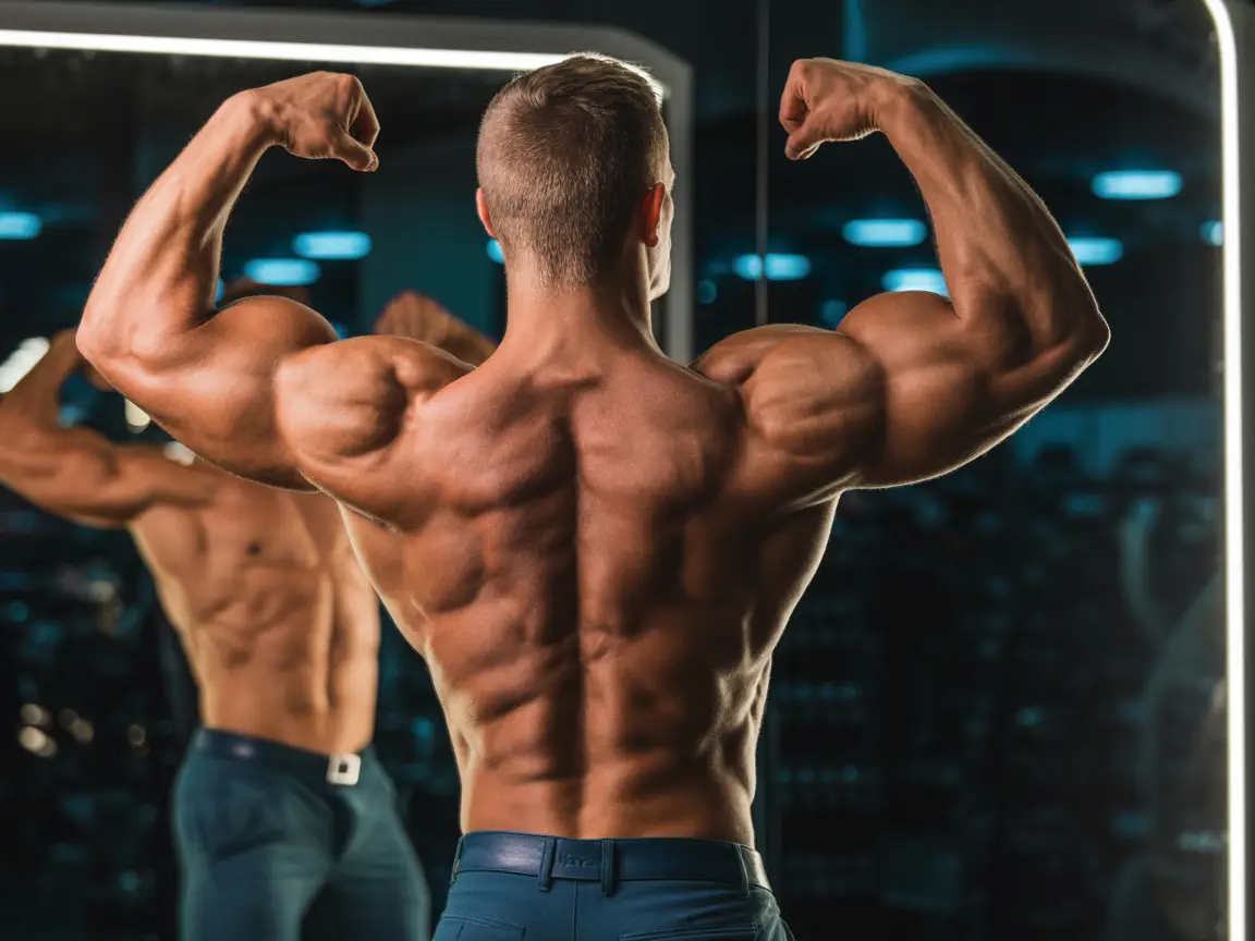 Male bodybuilder posing in front of a large mirror, showcasing back muscles and traps, studio lighting creating depth and definition.